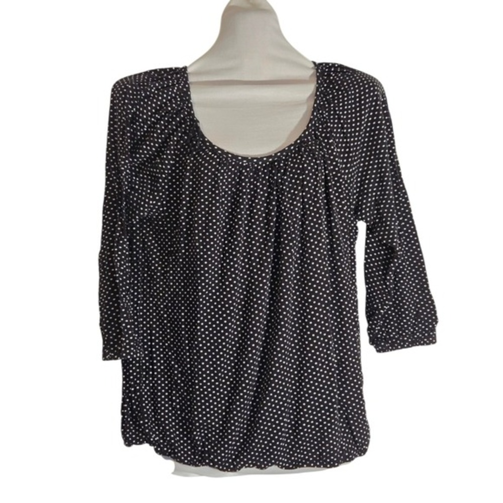 Michael Kors Black Polka Dot Round Neck 3/4 Elastic Sleeve Waist Viscose Top Lge - Picture 2 of 6